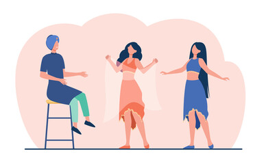 Arabic woman dancing with veil in front of man. Dress, sultan, dancer flat vector illustration. Tradition and entertainment concept for banner, website design or landing web page