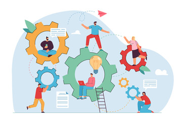Teamwork and engineering vector illustration. Company staff moving gear mechanism together, using laptop, talking, sitting in cogwheels. For technology, communication concept