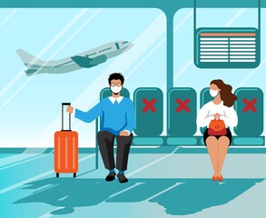 Social distance in public place. Seating regulations in airport area. People wearing mask to prevent infection from coronavirus COVID-19. New normal concept. Tourism. Flat vector illustration.