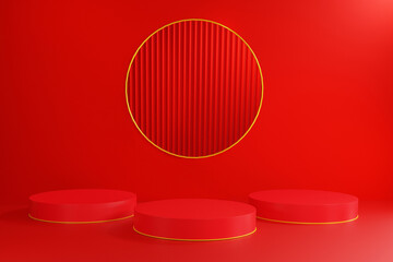 Abstract Empty podium on dark red background with showcase and circular for product minimal presentation. cosmetics stand, Chinese New Year, banner, sale, copy space, 3d rendering