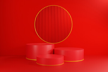 3d rendering abstract Empty podium on dark red background with showcase and circular for product minimal presentation. cosmetics stand, Chinese New Year, banner, sale, copy space