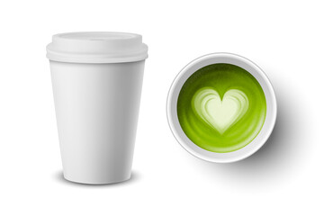 Vector 3d Realistic Paper White Disposable Cup with Lid Set Isolated. Green Milk Matcha Foam, Heart Pattern. Stock Vector Illustration. Design Template. Top and Front View