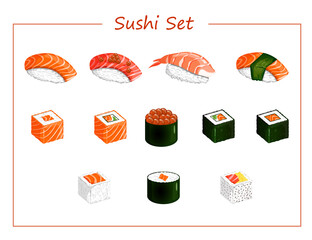 Sushi and roll set such as nigiri, gunkan maki, uramaki, futomaki, hosomaki. Vector illustrations of traditional Japanese cuisine on a colored background for stickers, web, site, menu, store