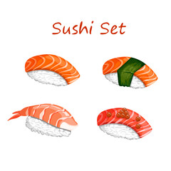 Sushi set with shrimp, salmon, tuna, caviar and nori leaves. Vector illustrations of traditional Japanese food on a colored background for stickers, web, site, menu, store, restaurant. Nigiri.