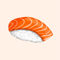 Vector illustration of sushi with salmon and rice. Traditional Japanese cuisine for stickers, web, website, menu, shop, restaurant. Nigiri.