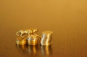 Tiger figurine with coins on the table.