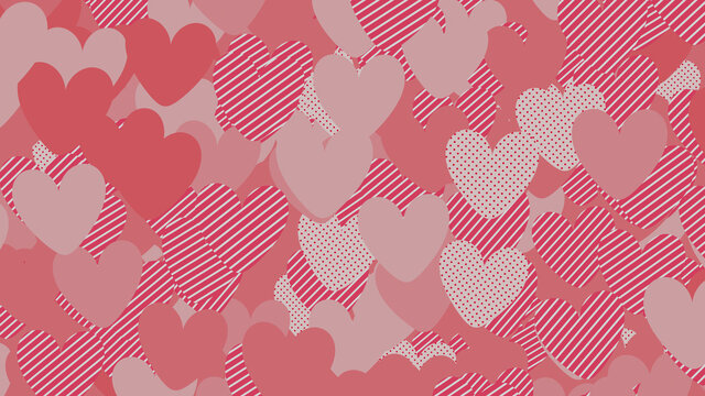 Multicolored Heart pattern background. Valentine Wallpaper with Pink, Striped and Polka Dot love hearts.