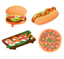 Fast food set. Peperoni pizza, sushi and rolls with shrimp, salmon, tuna, cheeseburger and burger, hot dog with sausage. Vector food illustration for stickers, web, site, menu, store, restaurant, icon