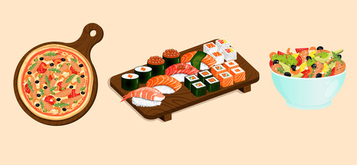 Set of seafood dishes. Pizza, salad, sushi and rolls with shrimps, salmon, tuna. Vector food illustration for stickers, web, site, menu, store, restaurant, icons.