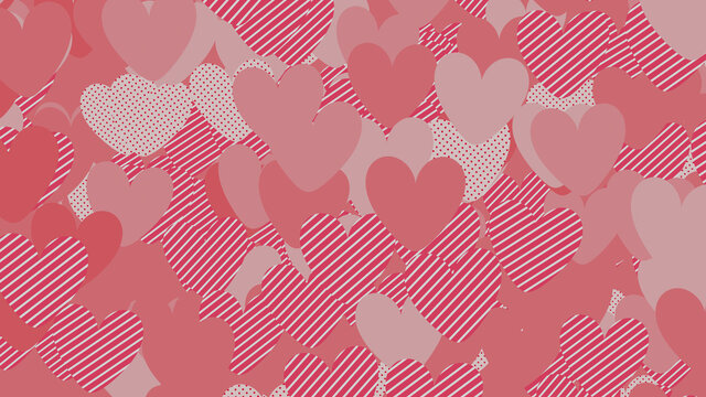 Multicolored Heart pattern background. Valentine Wallpaper with Pink, Striped and Polka Dot love hearts.