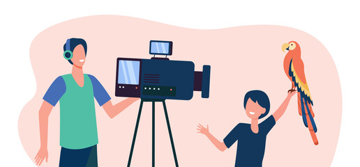 Funny boy photographing with parrot. Camera, bird, pose flat vector illustration. Exotic animals and fun concept for banner, website design or landing web page