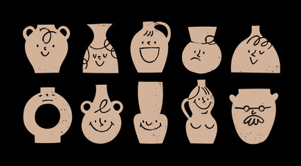 Ceramic Vases with comic Faces. Various Emotions. Different characters. Antique, ancient ceramics. Pottery concept. Cartoon style. Hand drawn Vector set. Trendy illustration. All elements are isolated