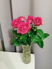 A bouquet of red-pink roses on a white table on a gray background. Bouquet in a cozy atmosphere at home.