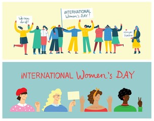 Naklejka na ściany i meble Diverse international and interracial group of standing women. For girls power concept, feminine and feminism ideas. Vector illustration.