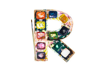 Font, a letter R made of watercolors and paints