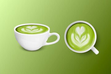 Vector 3d Realistic Ceramic White Coffee Mug, Cup Isolated on Green Background. Green Milk Matcha, Foam Flower, Heart Pattern. Design Template. Front and Top View