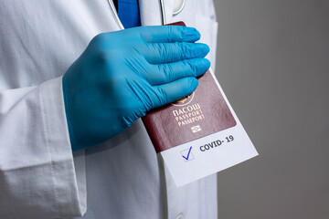 Travel and coronavirus concept, a note COVID-19 in tourist passport. Medical test at border control...