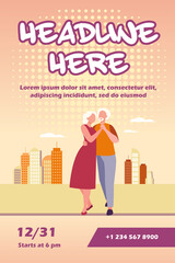 Senior couple dancing outside. Old man and woman holding hands and embracing flat vector illustration. Love, relationship, elderly age concept for banner, website design or landing web page