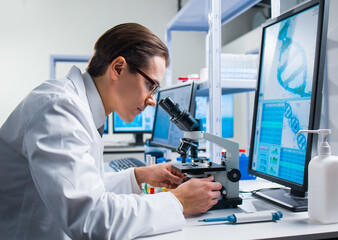 Professional scientist is working on a vaccine in a modern scientific research laboratory. Genetic engineer workplace. Future technology and science.