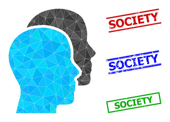 Triangle man heads polygonal icon illustration, and grunge simple Society seals. Man Heads icon is filled with triangles. Simple stamp seals uses lines, rects in red, blue, green colors.