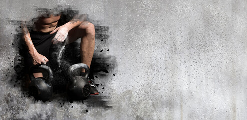 Man workout with kettlebell on wall background. Sports banner
