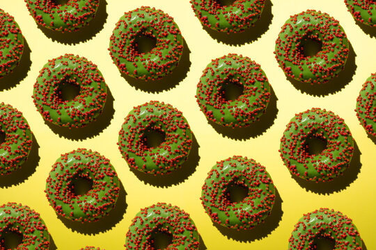Green donuts with red crumb on a yellow background