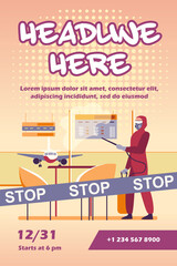 Person in protective costume disinfecting airport from virus. Coronavirus, plane, stop flat vector illustration. Pandemic and prevention concept for banner, website design or landing web page