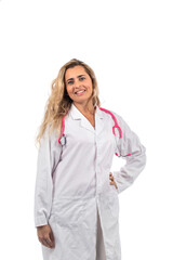 Caucasian doctor woman with pink stethoscope