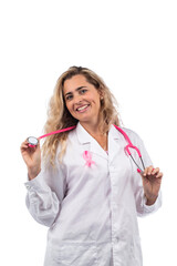 Caucasian doctor woman with pink stethoscope and ribbon