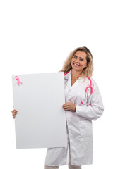 Caucasian doctor woman with pink stethoscope holding card