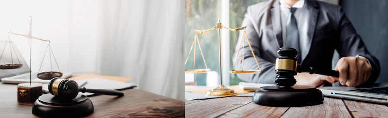 Business and lawyers discussing contract papers with brass scale on desk in office. Law, legal services, advice, justice and law concept picture with film grain effect