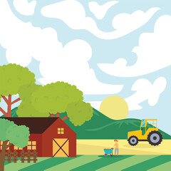 Obraz na płótnie Canvas Farm with trees tractor and farmer vector design