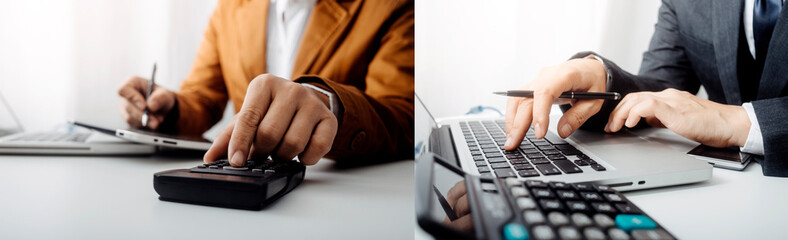 Businesswomen hands working with finances about cost and calculator and laptop with tablet, smartphone at office in morning light