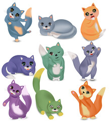 Funny cute cats with different emotion. Domestic cats happy, sad, crazy, cheerful. Colorful Cat characters. Vector illustration.