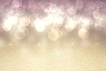 A festive abstract golden pink gradient background texture with glitter defocused sparkle bokeh circles. Card concept for Happy New Year, party invitation, valentine or other holidays.