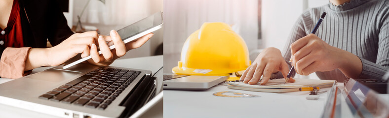 Two colleagues discussing data working and tablet, laptop with on on architectural project at construction site at desk in office