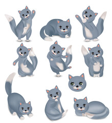 Funny cute cats with different emotion.Cheerful Domestic cats different poses. Gray Cat characters. Vector illustration. 