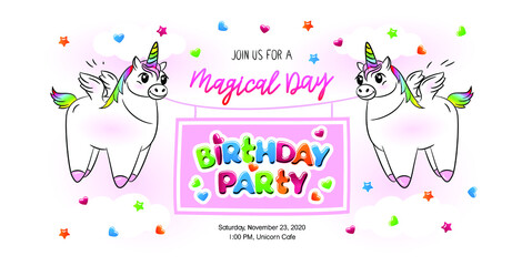 Vector color image of birthday invitation with unicorns in the clouds.