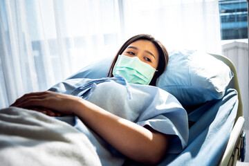 Asian woman patients wear a surgical mask Prevent the spread of germs, lying in patient's bed with...