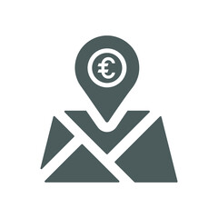 Bank location, map marker, euro currency icon. Gray vector.