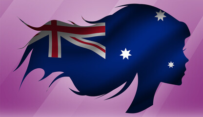 Vector beautiful woman portrait silhouette with long flowing hair in national flag of Australia on pink background