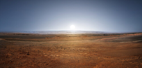 Sunset on planet Mars. Scenic desert scene on the red planet  Elements of this image furnished by NASA.