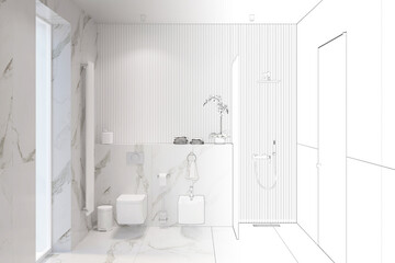 The sketch becomes a real white bathroom with window and door, shower room with glass partition, hanging toilet and bidet, large heated towel rail, marble floors and walls, decor on a shelf. 3d render