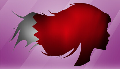 Vector beautiful woman portrait silhouette with long flowing hair in national flag of Bahrain on pink background