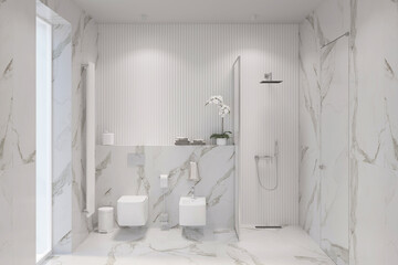White bathroom with window and door, shower room with glass partition, hanging toilet and bidet, large heated towel rail, marble floors and walls, decor on a marble shelf. Front view. 3d render