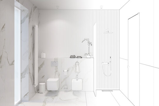 The sketch becomes a real white bathroom with window and door, shower room with glass partition, hanging toilet and bidet, large heated towel rail, marble floors and walls, decor on a shelf. 3d render