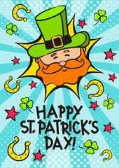 Happy Saint Patrick's day pop art banner. Comic greeting card with Leprechaun, a horseshoe for good luck and clover leaves. Cartoon Vector illustration.