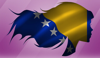 Vector beautiful woman portrait silhouette with long flowing hair in national flag of Bosnia and Herzegovina on pink background