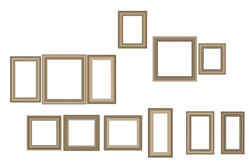 Big set of squared golden vintage wooden frame for your design. Vintage cover. Place for text. Vintage antique gold beautiful rectangular frames. Template vector illustration.