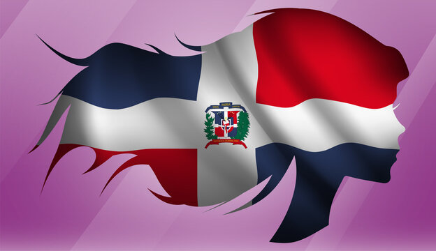 Vector beautiful woman portrait silhouette with long flowing hair in national flag of Dominican Republic on pink background
